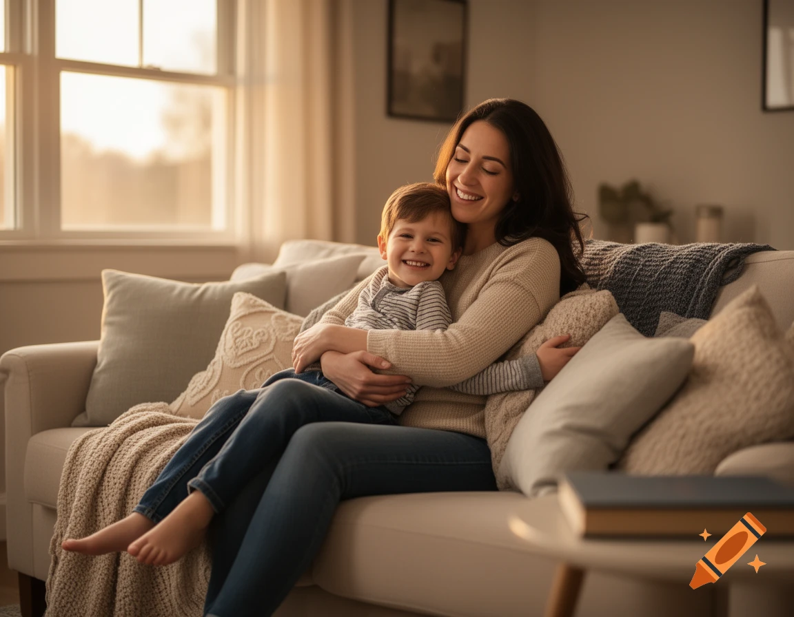 Photorealistic image of a smiling mother hugging her son on a cozy living room couch, soft warm light.