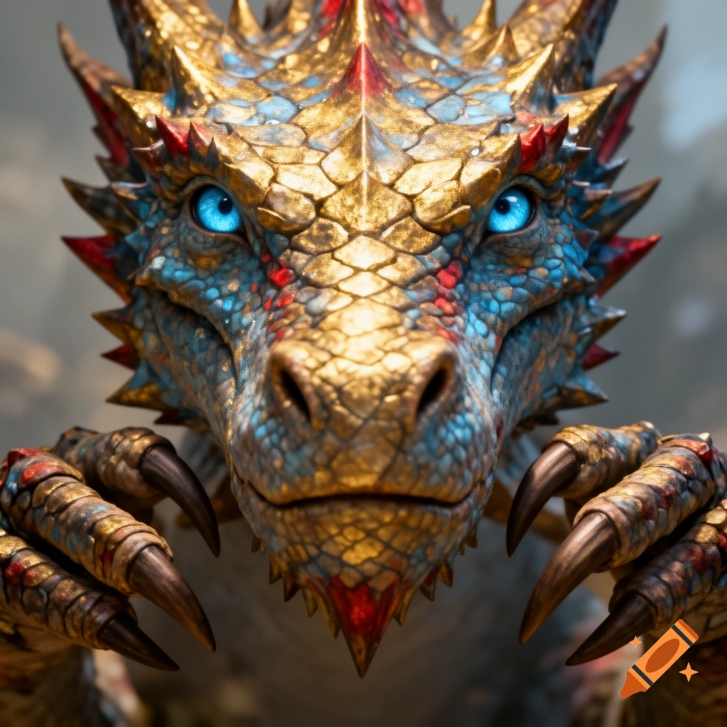 Close-up of a majestic dragon's head with bright blue eyes and scales highlighted in gold, blue, and red, with claws visible.