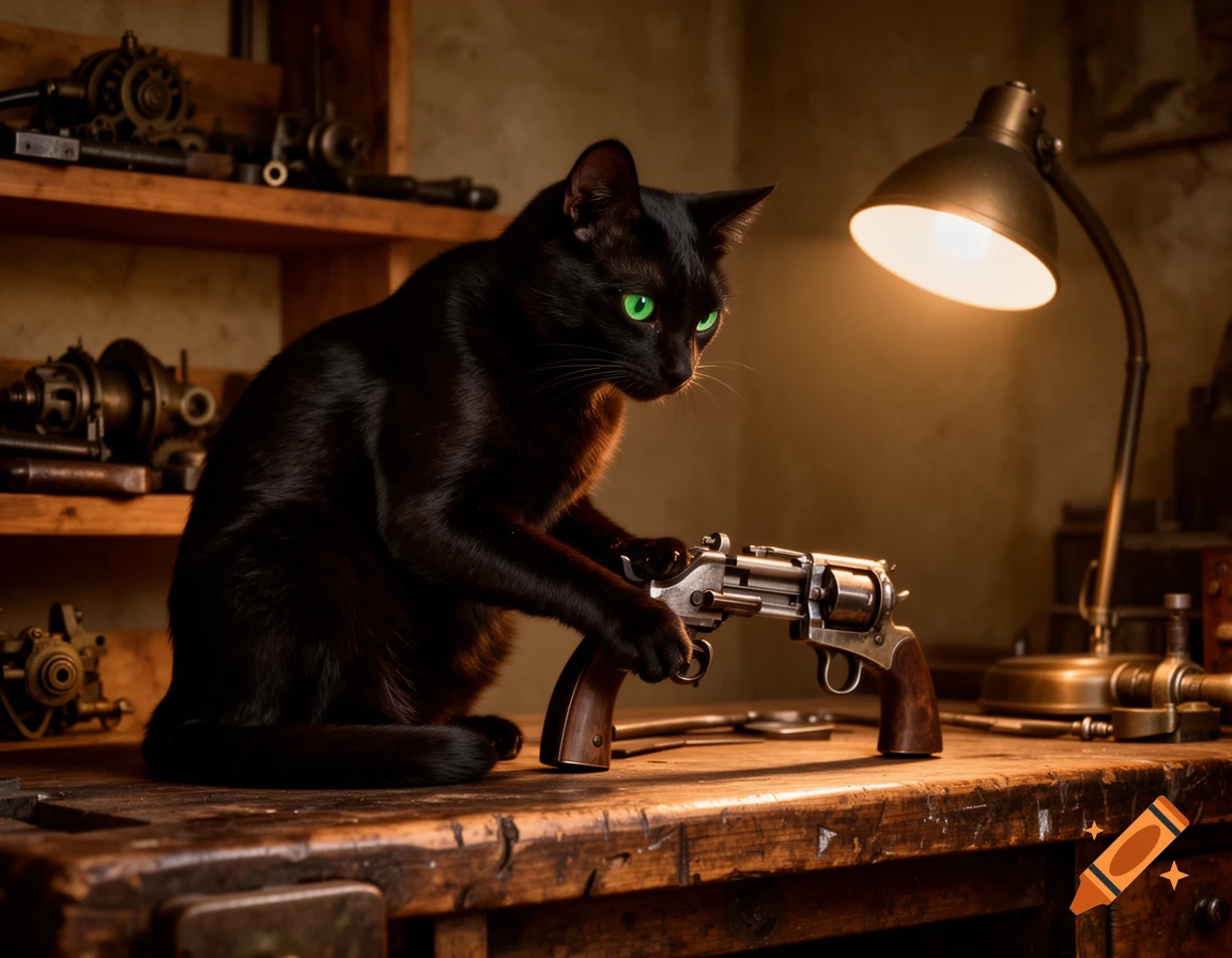 A black cat with green eyes holds a revolver on a wooden workbench, lit by a desk lamp.