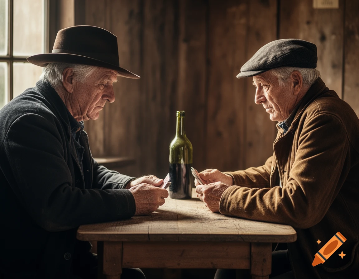 Two elderly men in hats intently play cards at a wooden table, a wine bottle between them, in a rustic, dimly lit room.