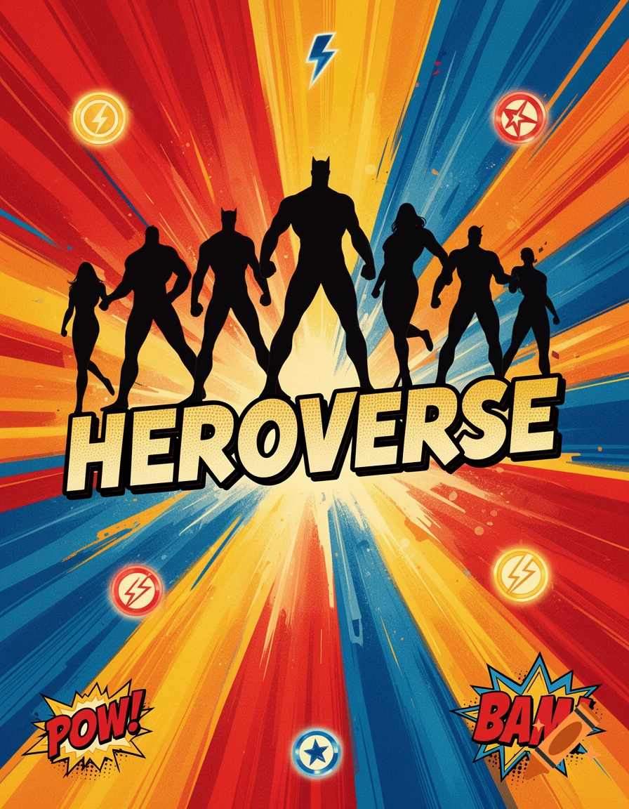A vibrant comic book poster featuring superhero silhouettes standing over the title "HEROVERSE" with radiating red, yellow, and blue light. Comic sound effects "POW!" and "BAM!" are in the corners.