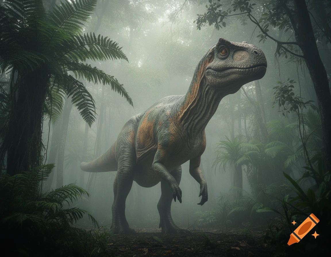 A large, realistic green and brown dinosaur stands in a misty, dark jungle with ferns and trees.