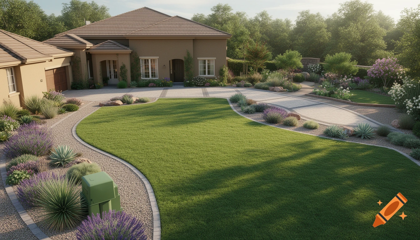 A photorealistic image of a large house with an extensive, well-maintained front yard. It features a lush green lawn, a wide paved driveway, and decorative drought-resistant plants and purple flowering bushes in gravel beds.