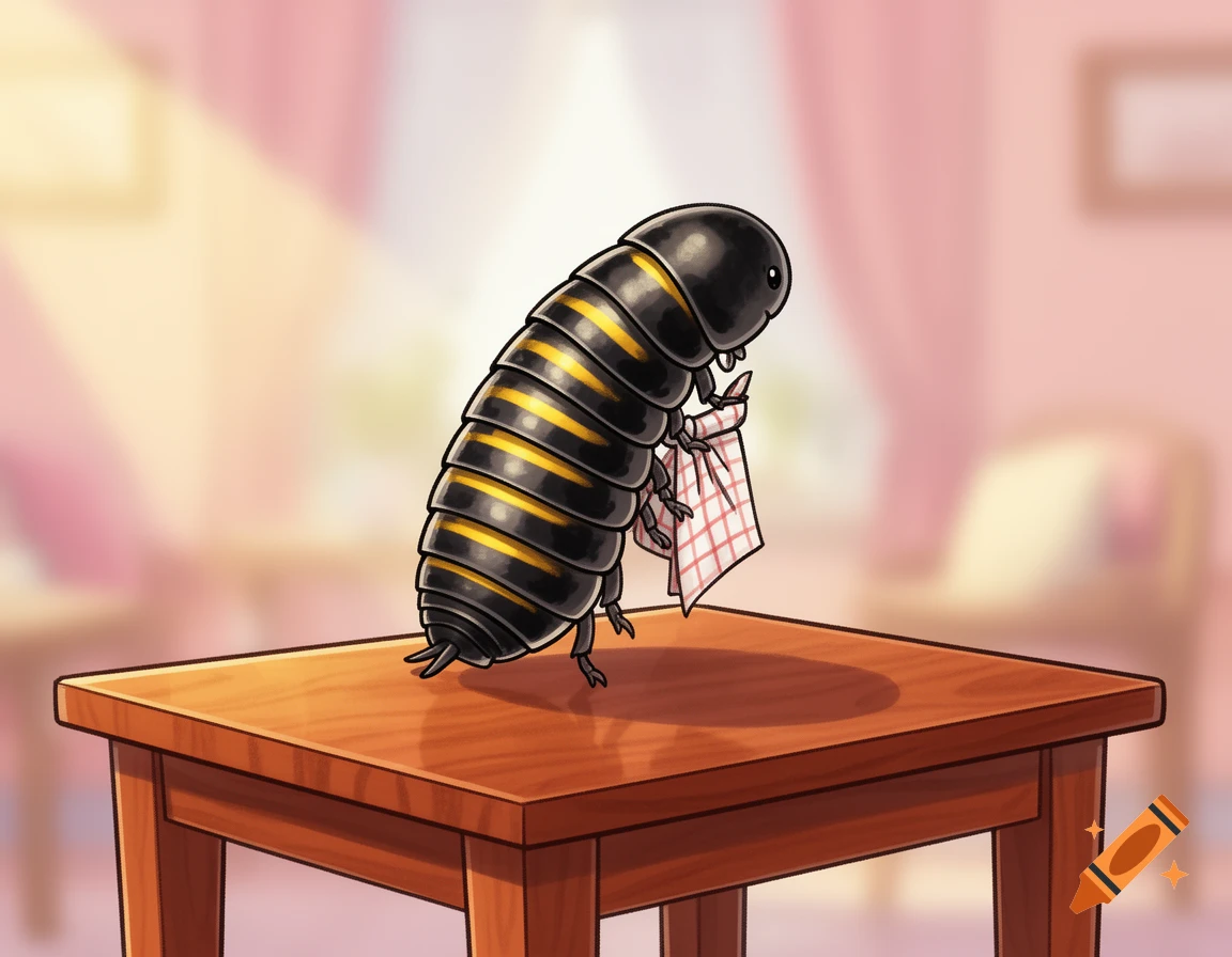 A cute cartoon woodlouse, black with yellow stripes, sits on a wooden table, holding a checkered cloth like a napkin.