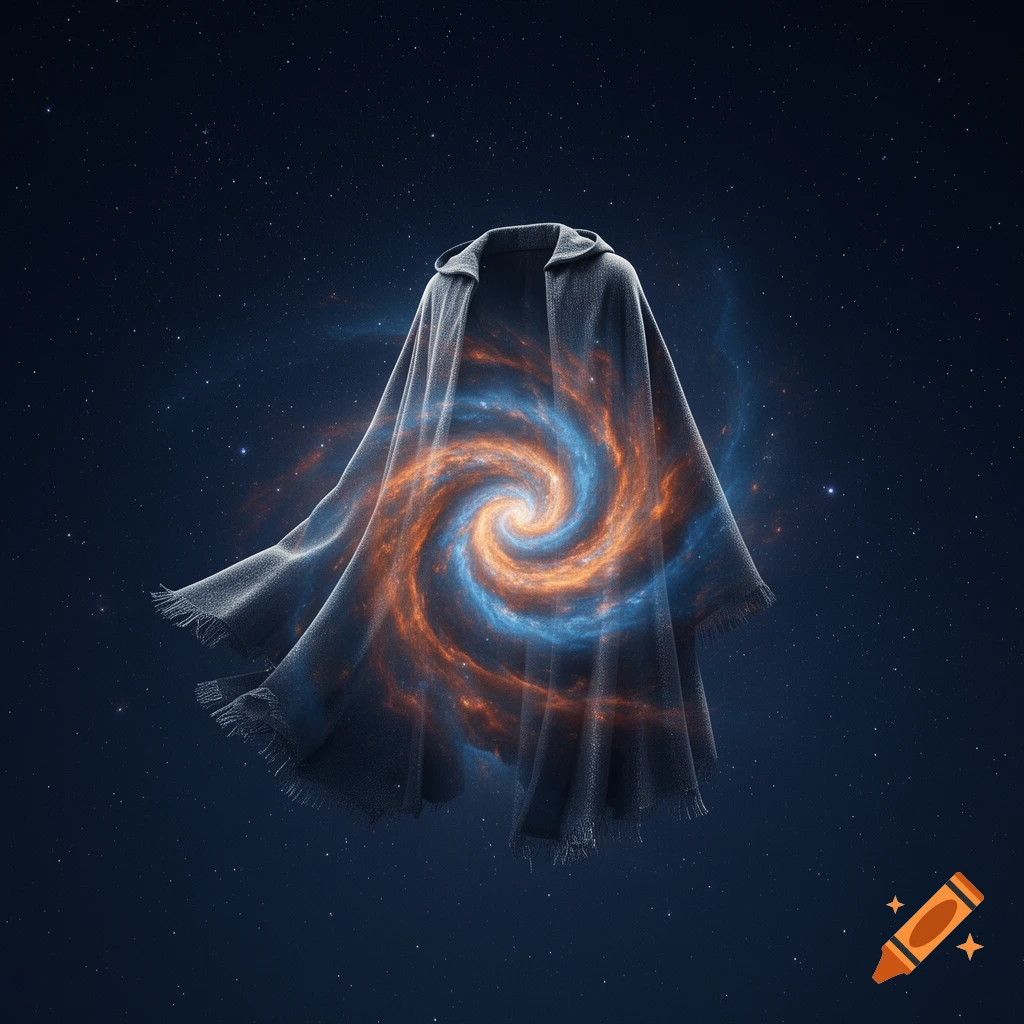 A hooded cloak floats in a starry night sky, revealing a swirling orange and blue nebula within its folds.