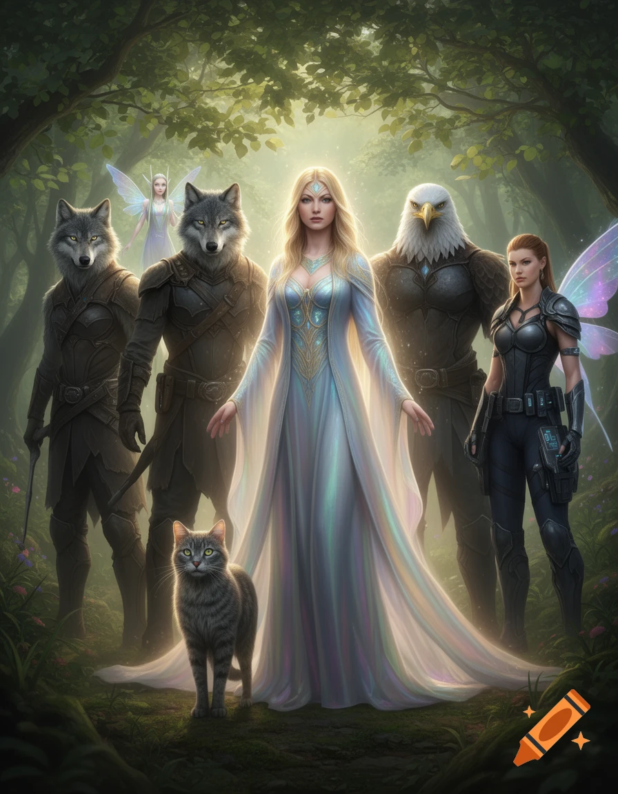A glowing woman, a cat, two wolf-men, an eagle-man, a winged woman, and a fairy stand in a mystical forest.