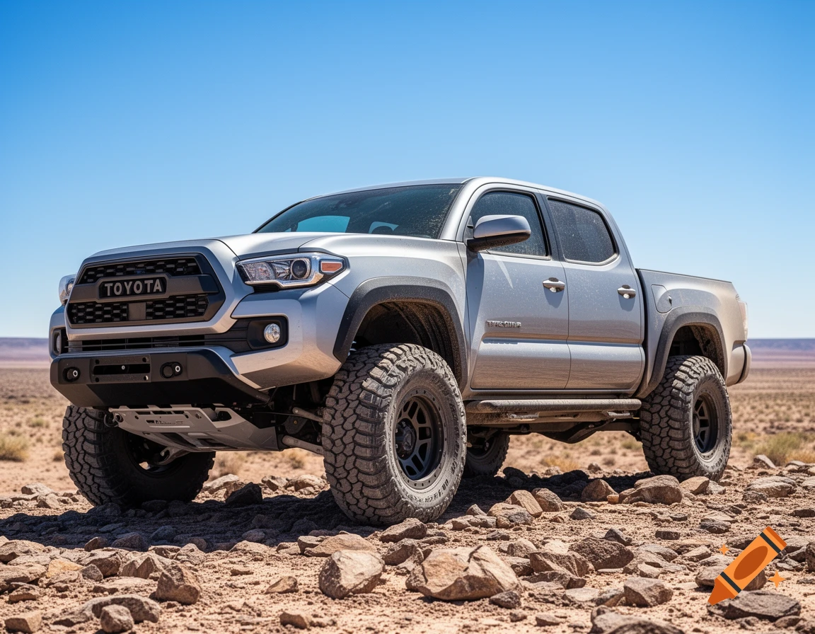 Photorealistic image of a silver Toyota Tacoma 4x4 pickup truck with large off-road tires parked on a rocky desert terrain under a clear sky.
