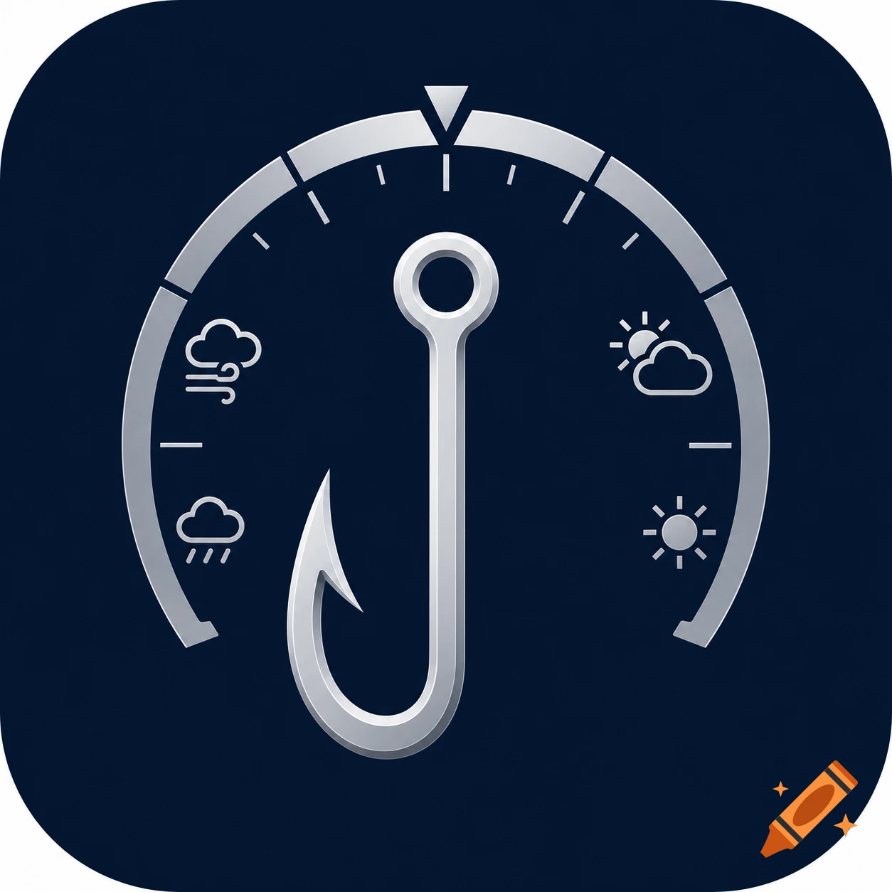 A dark navy app icon features a silver fishing hook acting as a pointer on a minimalist weather gauge with cloud, rain, sun, and wind symbols.