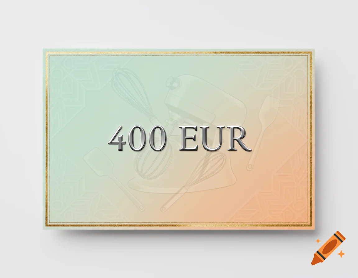 A gradient gift card featuring '400 EUR' in metallic text, bordered by gold lines and subtle kitchen utensil silhouettes.