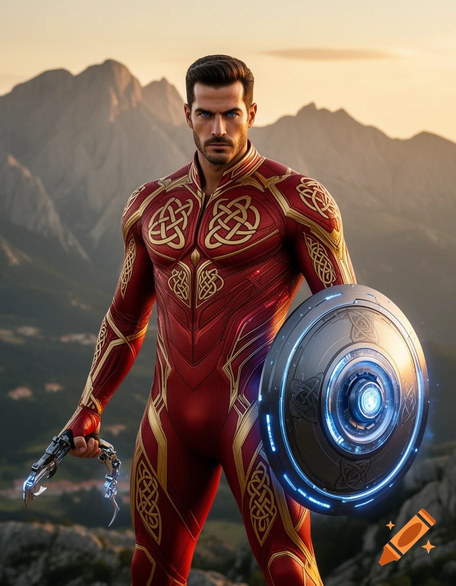 A ruggedly handsome hero, Captain Vigo, in a sleek red and gold high-tech suit with Celtic patterns, holding a futuristic shield and grappling hook, standing in mountains.
