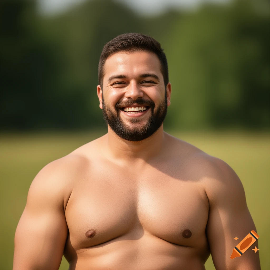 A smiling, shirtless man with a beard and short dark hair stands outdoors against a blurred green background.