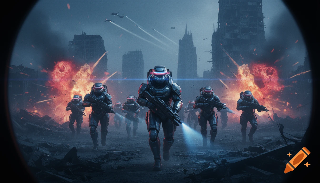 Futuristic soldiers in armor march through a war-torn city with explosions, smoke, and flying aircraft, in a cinematic gaming style.