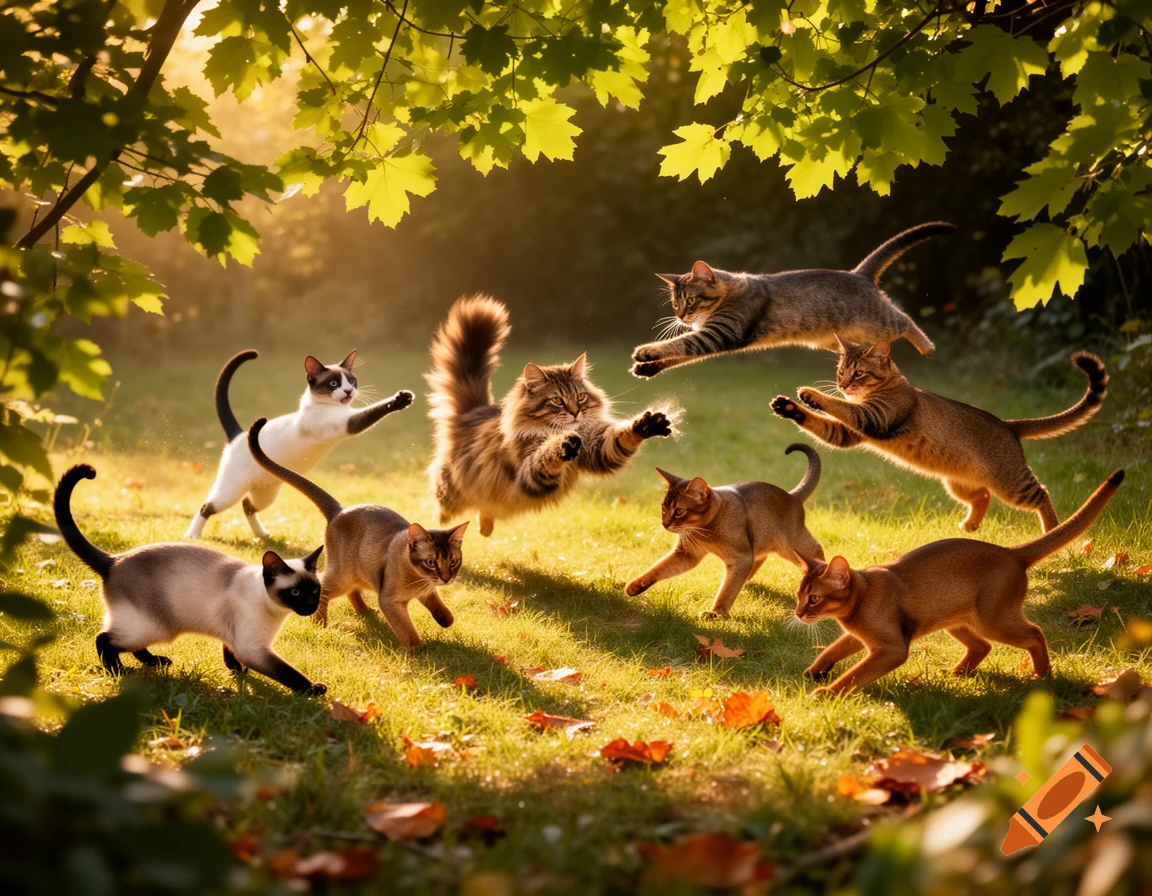 Multiple cats in dynamic play and attack poses on a sunlit grassy area under green trees, with autumn leaves scattered.