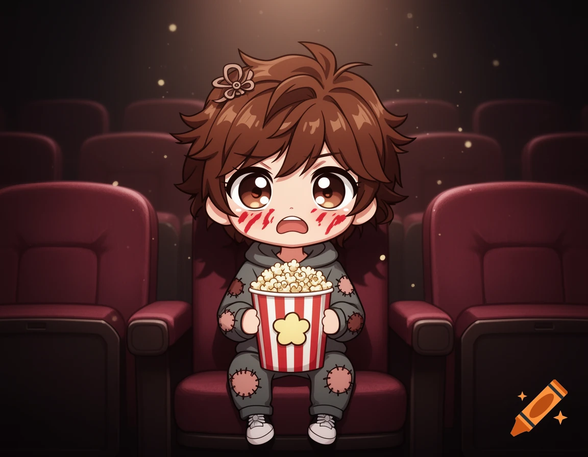A scared, wide-eyed chibi anime character with stylized blood on their face, sitting in a dark movie theater holding a bucket of popcorn.