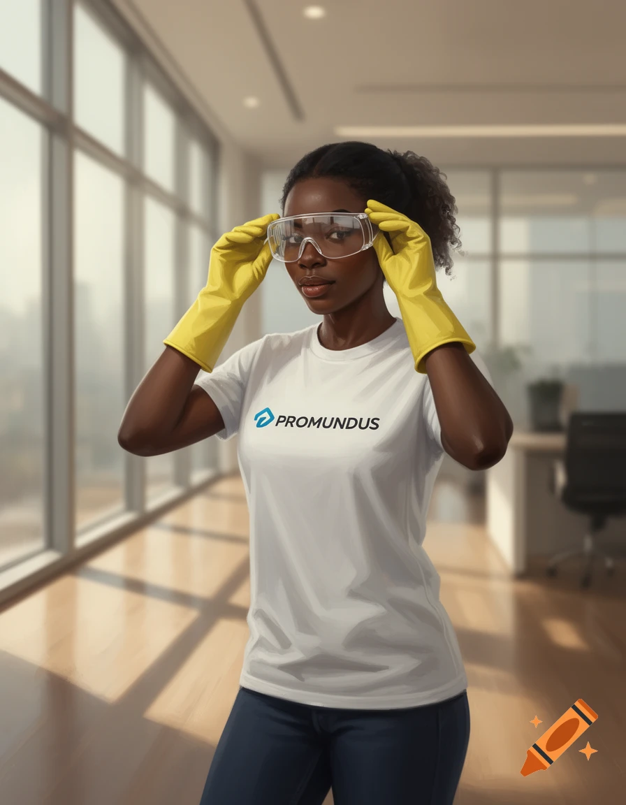A Black woman in a white PROMUNDUS t-shirt, yellow gloves, and safety goggles, putting on the goggles in an office hallway. Photorealistic.