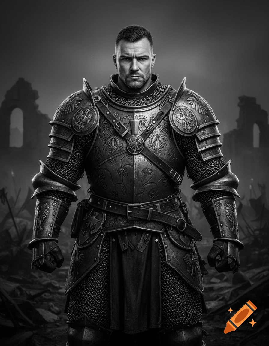 A stern knight in ornate full plate and chainmail armor stands in a desolate, ruined black and white landscape.