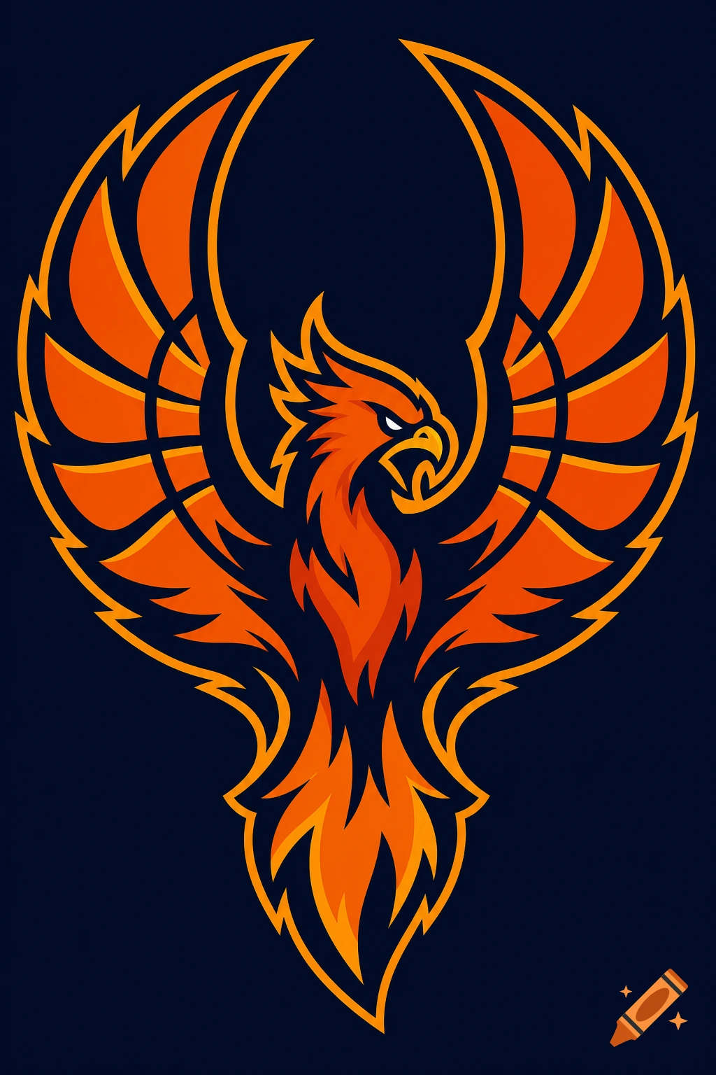 A fierce, aggressive orange phoenix mascot logo with wings subtly forming basketball lines, on a dark blue background.