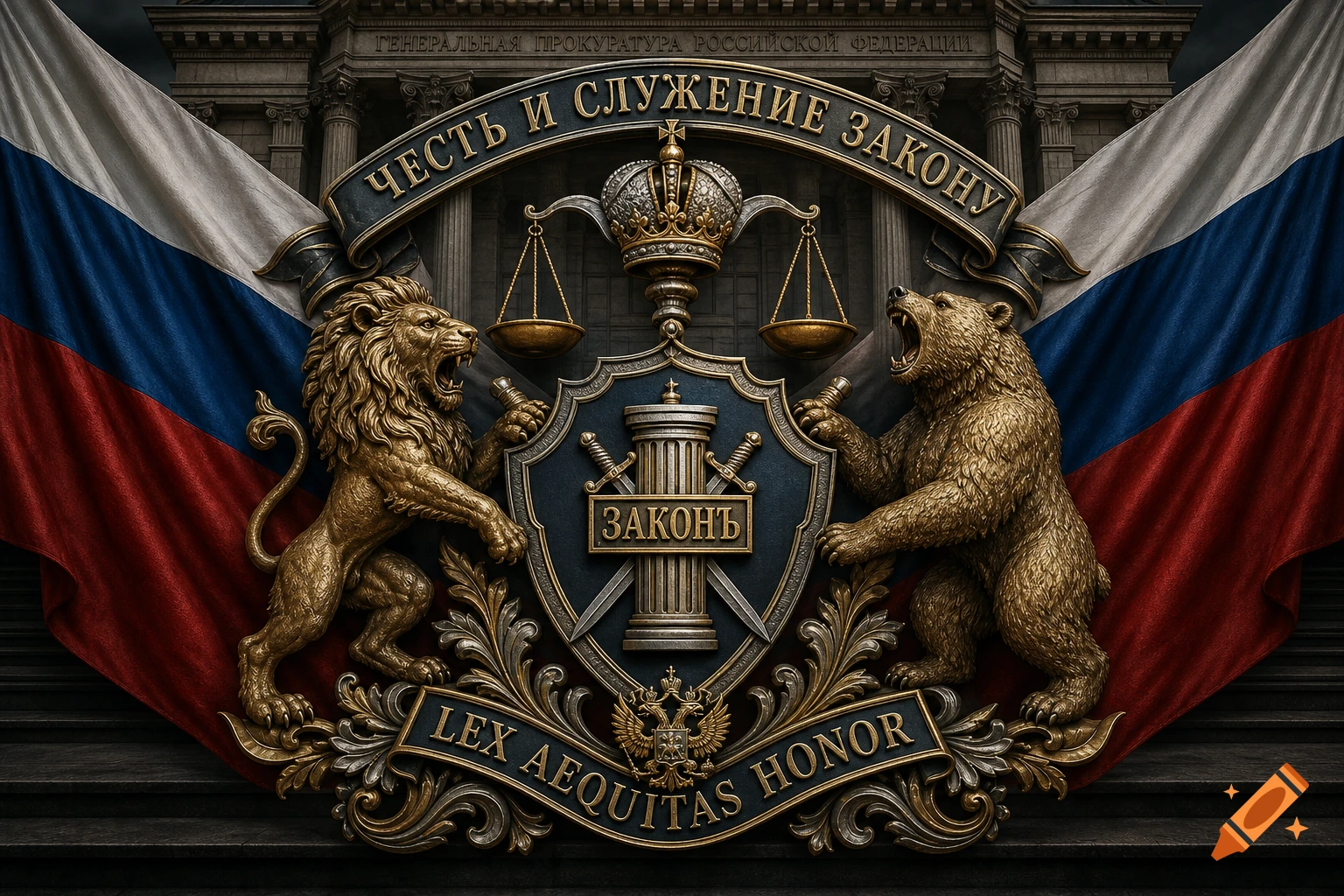 Photorealistic emblem of the Russian Prosecutor's Office with a golden lion and bear, a shield, scales, crown, and Russian flags against a courthouse.