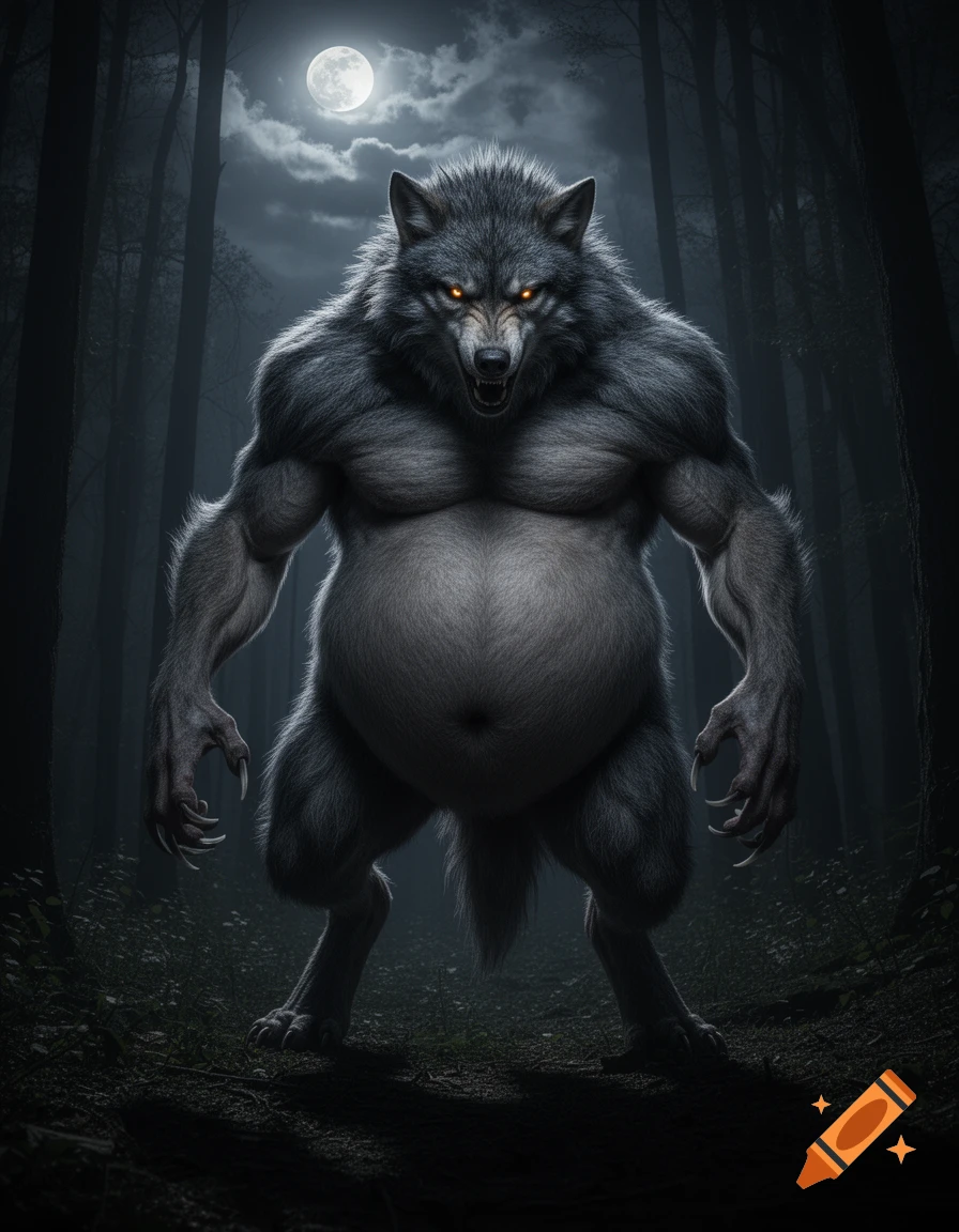 A grey werewolf with glowing eyes and a large belly stands in a dark forest under a full moon.