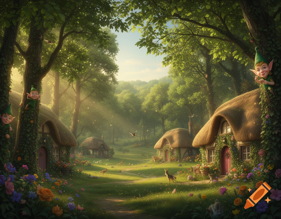 A magical forest scene with sunbeams illuminating a clearing, small thatched-roof houses, peeking elves, deer, and colorful flowers.