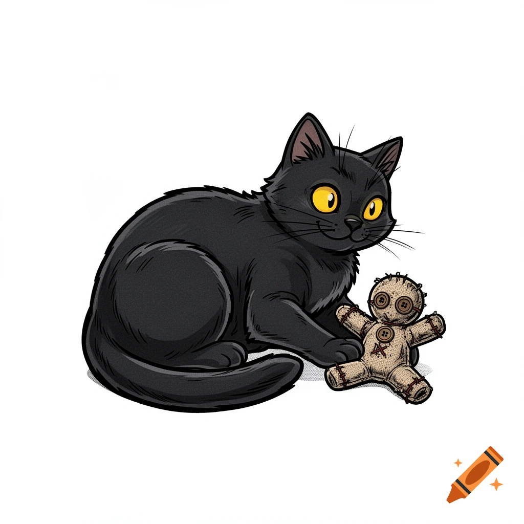 A cartoon black cat with yellow eyes playing with a small voodoo doll on a white background, illustration style.