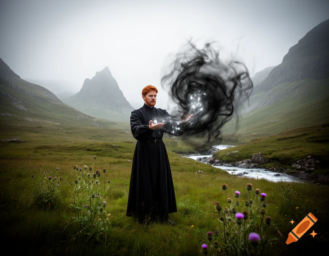 A red-haired man in a black robe conjures a swirling black shadow orb with sparkling light in a misty green mountain valley.