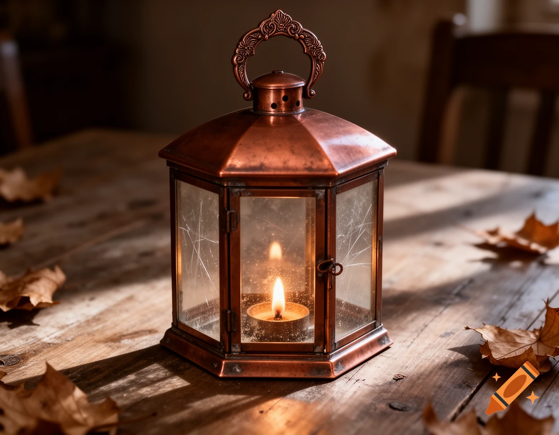A rustic copper hexagonal lantern with a lit candle sits on a wooden table, surrounded by scattered dry leaves. Photorealistic style.