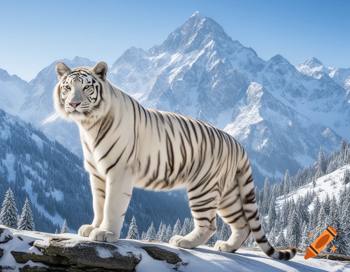 A majestic white tiger stands on a snowy rock, with a backdrop of snow-covered mountains under a clear blue sky.