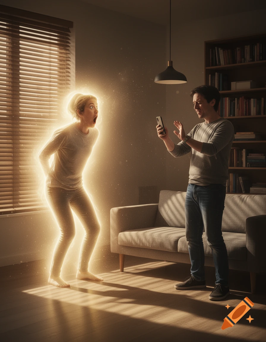 A glowing, shocked person faces a surprised man filming with a phone in a dimly lit room with blinds, sofa, and bookshelf.