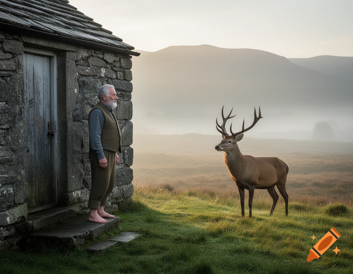 An old man stands barefoot on a stone hut's doorstep, looking at a stag in a misty, grassy glen with mountains.