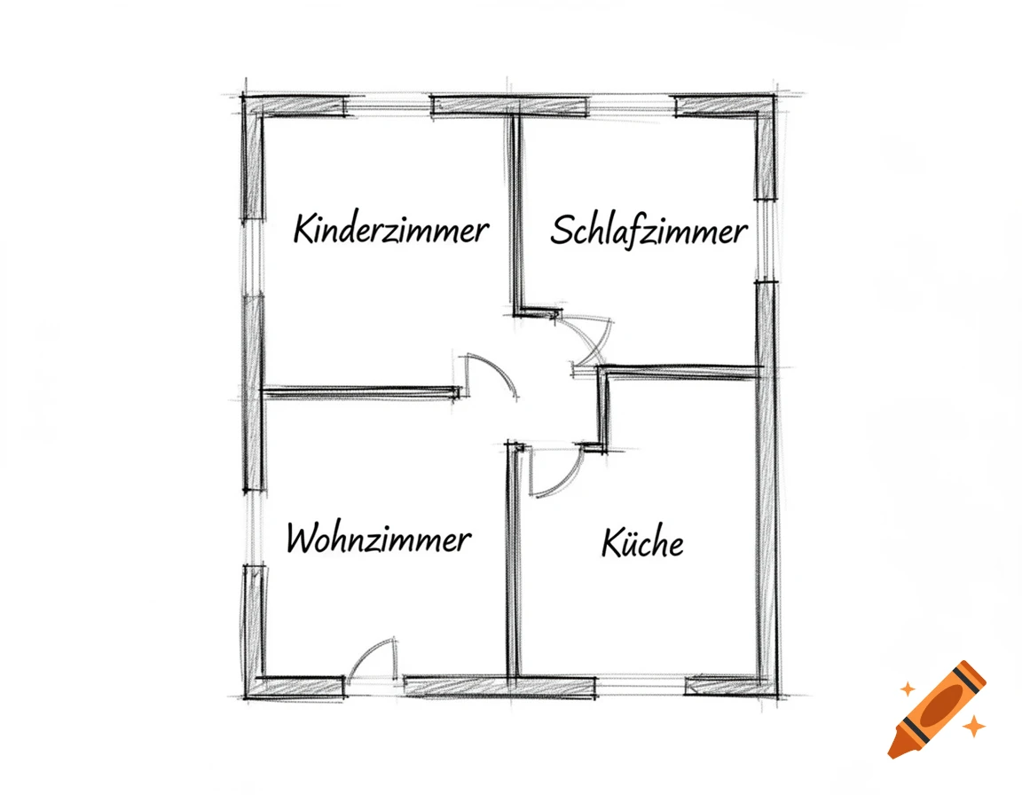 A hand-drawn sketch of a four-room floor plan, labeling a living room, kitchen, kids' room, and bedroom in German.