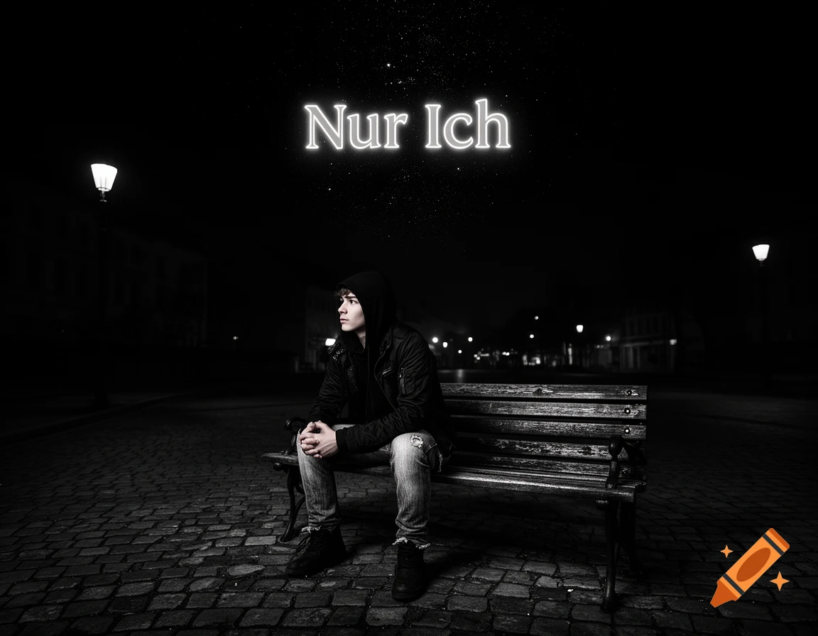 A desaturated image of a person in a hoodie sitting on a park bench at night, looking up at glowing text that reads 'Nur Ich'.