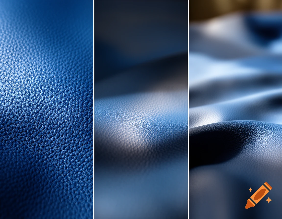 Three vertical panels show blue pebbled leather material under varying light and focus, simulating different camera angles.