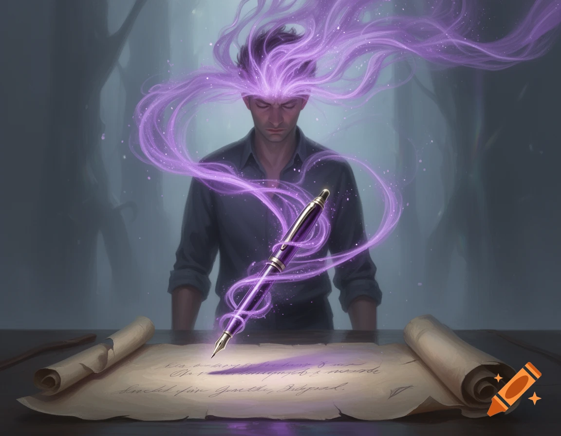 A man with purple energy flowing from his head to a levitating pen, writing on paper in a mysterious setting.