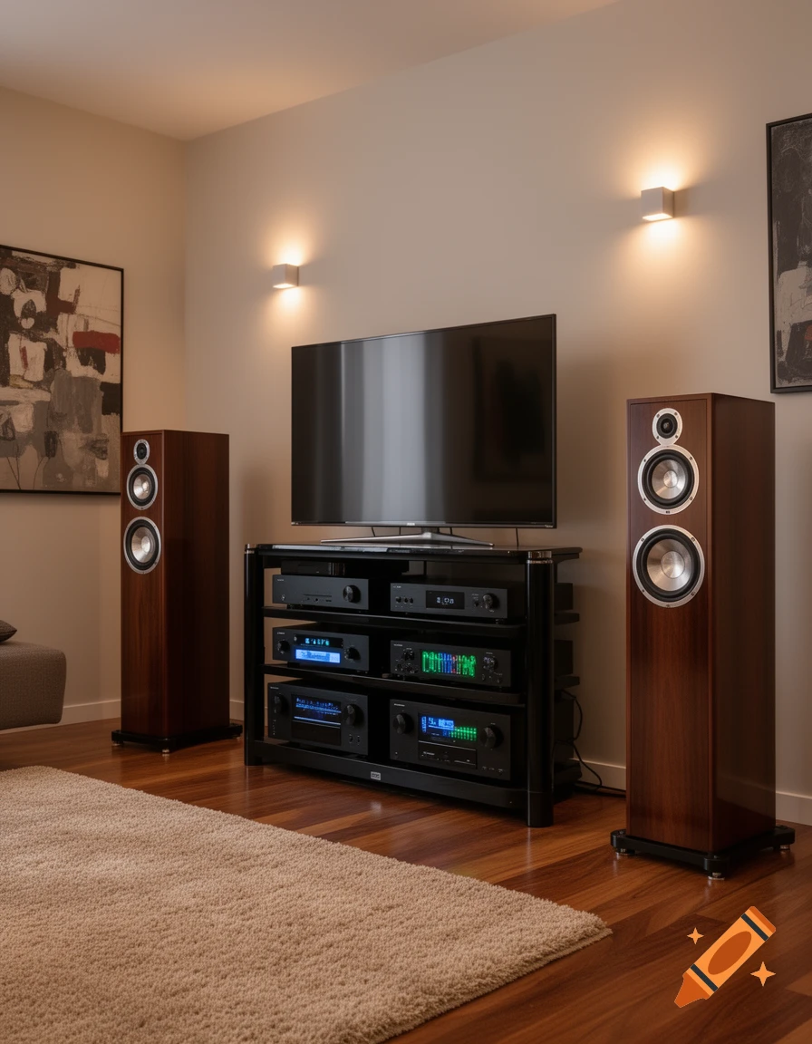 A modern home sound system setup with a large flat-screen TV, two tall wooden speakers, and stacked audio equipment on a black stand in a living room.