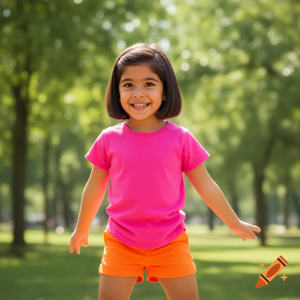 A smiling young girl with short dark hair, wearing a pink t-shirt and orange shorts, stands in a sunny park.
