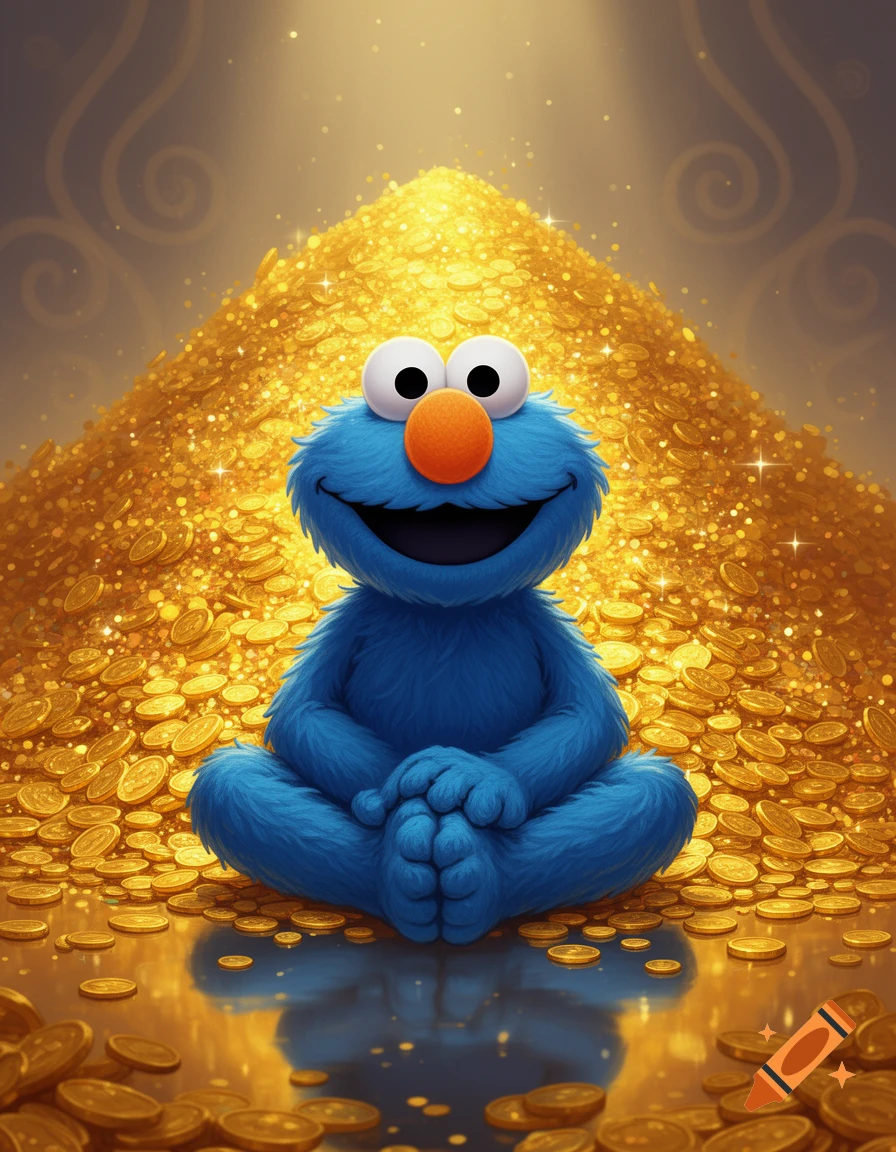A blue furry cartoon monster, resembling Elmo, sits cross-legged on a vast pile of glittering gold coins, smiling.