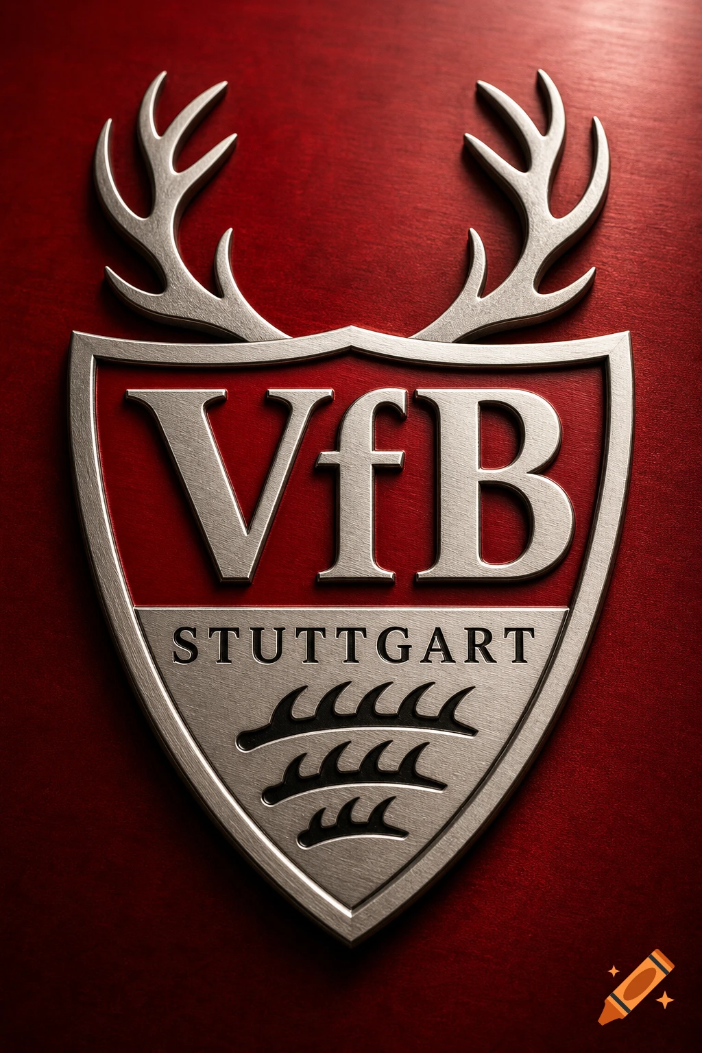 A metallic VfB Stuttgart football club logo on a textured red background, featuring antlers above a shield with "VfB" and "STUTTGART" text.
