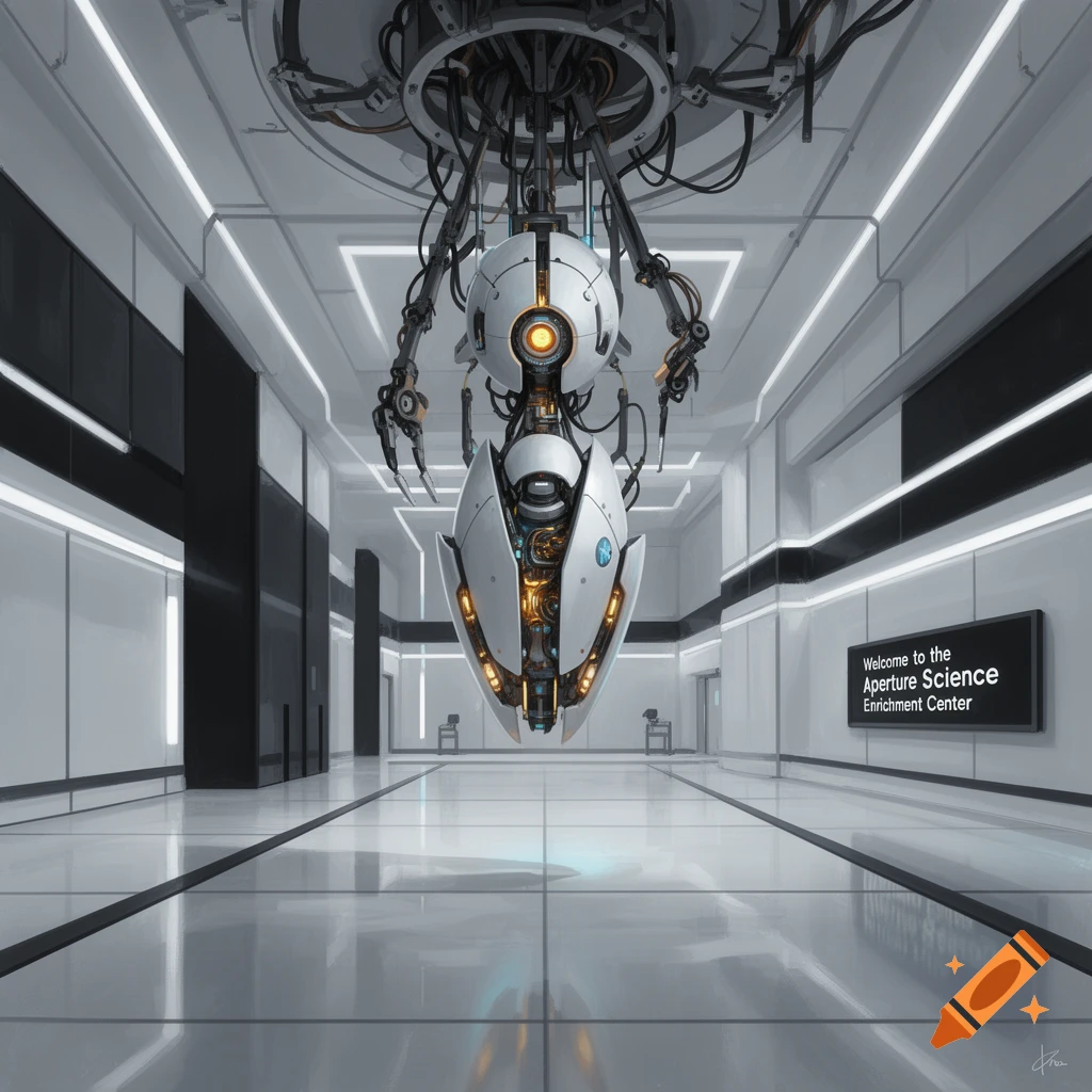 A white and orange GLaDOS robot hangs from the ceiling of a futuristic, sterile Aperture Science Enrichment Center hallway.