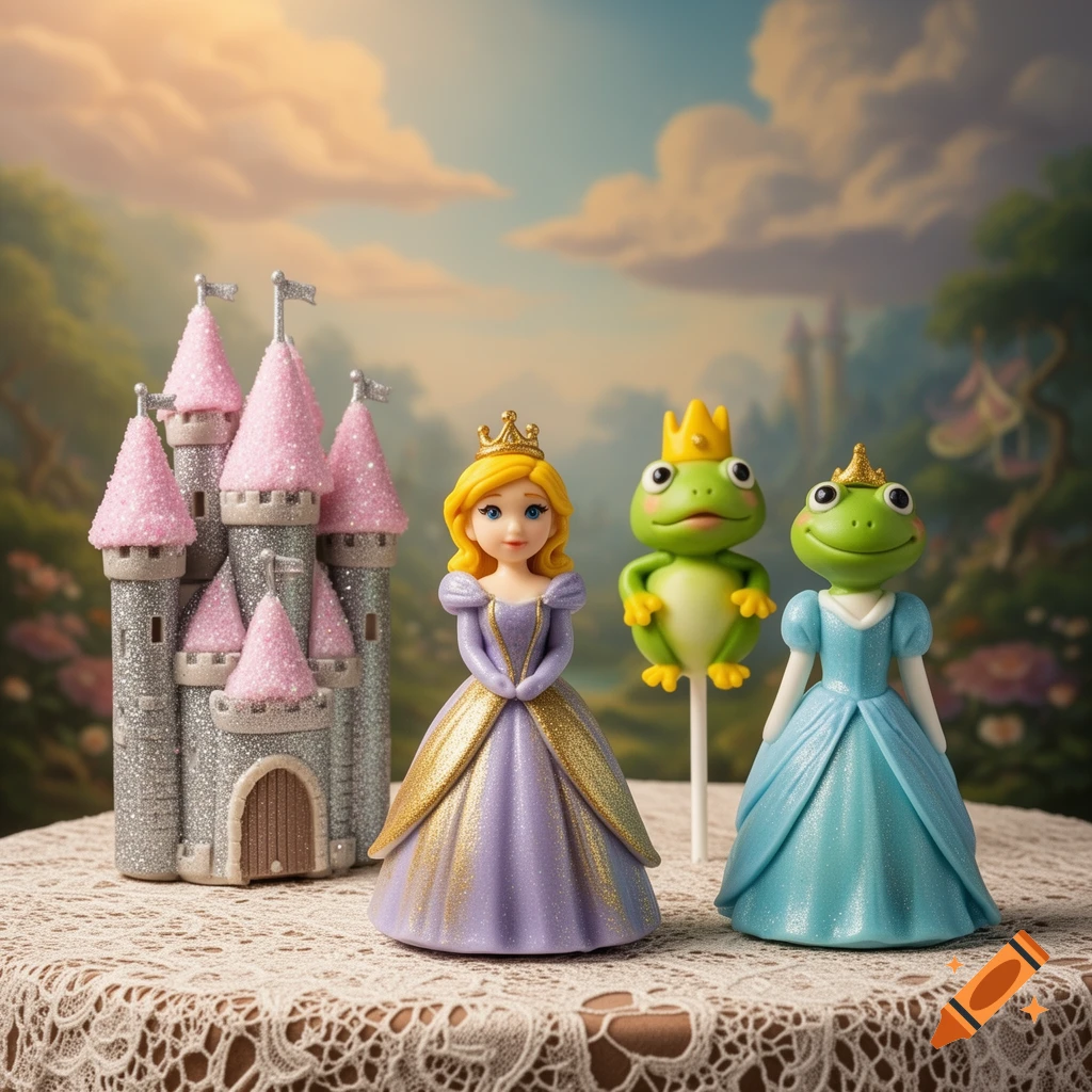 A glittery pink castle, a blonde princess figurine, a frog prince cake pop, and a frog princess figurine on a lace tablecloth with a fairytale background.