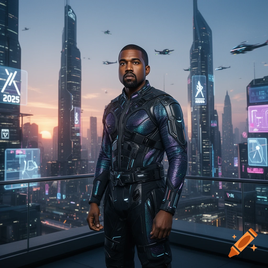 Kanye West in a holographic iridescent suit stands on a futuristic city rooftop with flying vehicles and glowing skyscrapers at sunset.