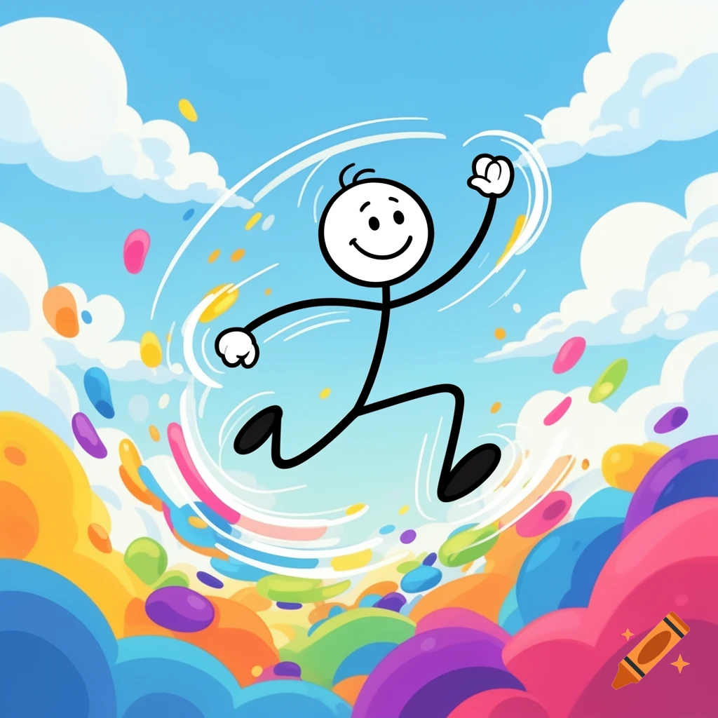 A happy stick figure jumps joyfully amidst colorful shapes and white clouds against a blue sky, in a vibrant cartoon style.