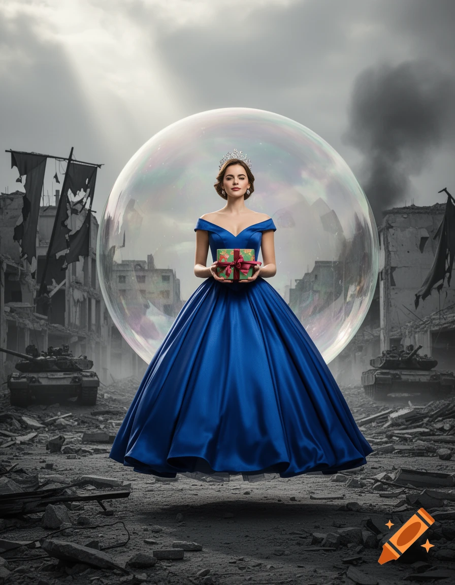 Photorealistic image of a woman in a blue ball gown and crown, holding a gift, floating inside a large bubble in a war-torn city with tanks.