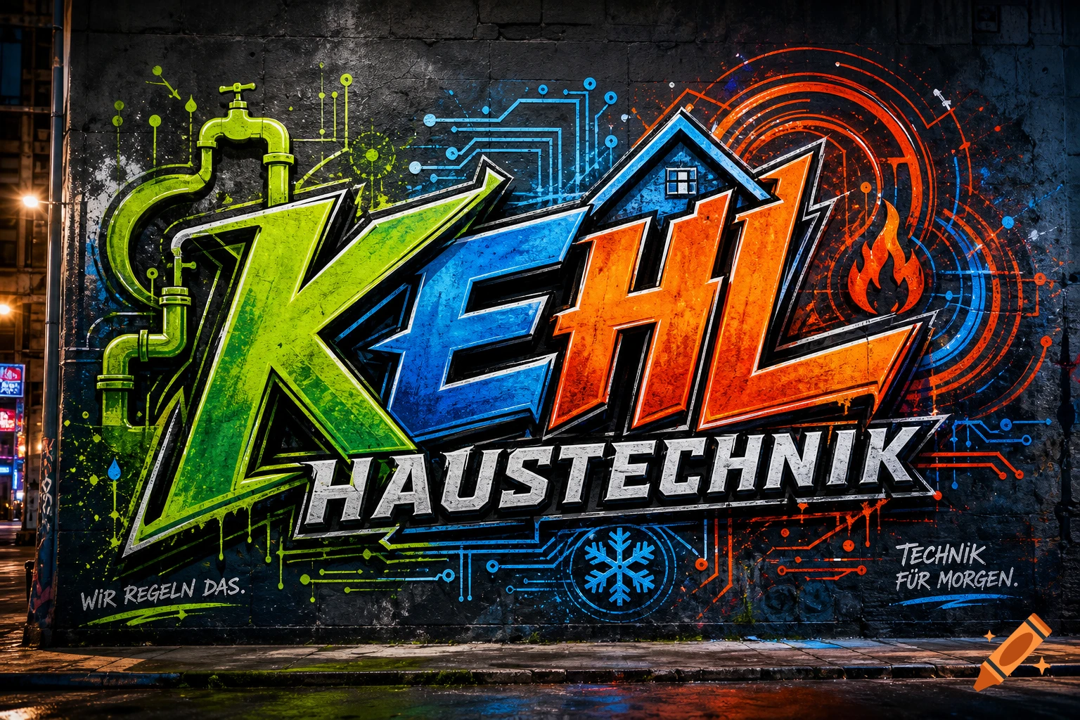 A vibrant graffiti mural on a dark wall featuring the words 'KEHL HAUSTECHNIK' with symbols for plumbing, house, and fire.