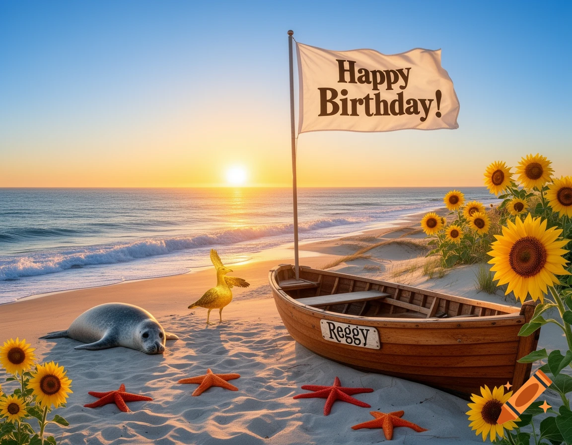 A photorealistic sunset beach scene with a seal, golden bird, boat named "Reggy", sunflowers, and starfish, under a flag saying "Happy Birthday!"