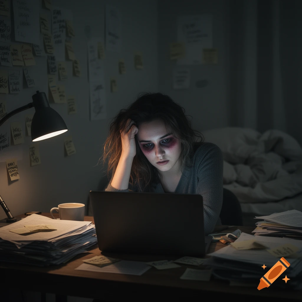 Tired woman with dark under-eye circles looking at a laptop in a dimly lit room filled with papers and sticky notes, photorealistic.