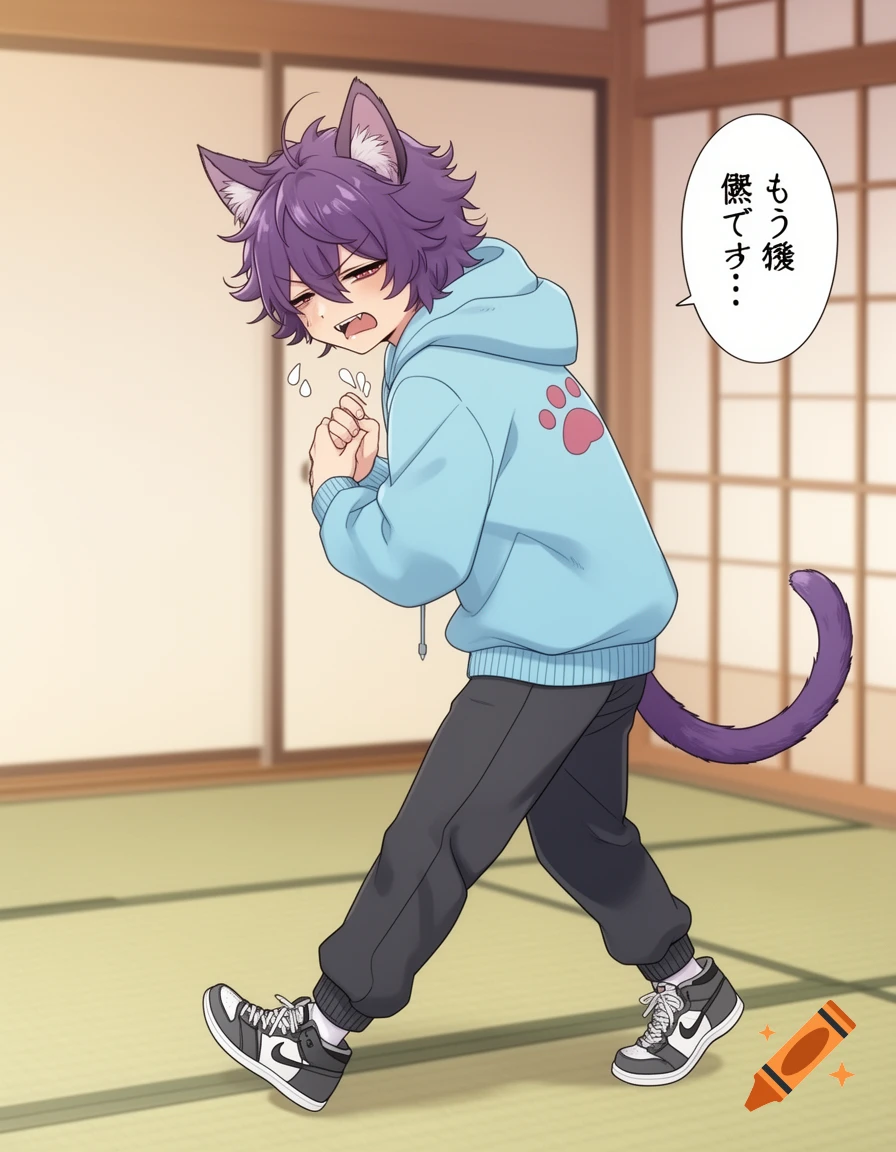 An anime catboy with purple hair and cat ears, wearing a light blue hoodie with a pink paw print, hunches over in distress, sweating and looking ill in a traditional Japanese room.