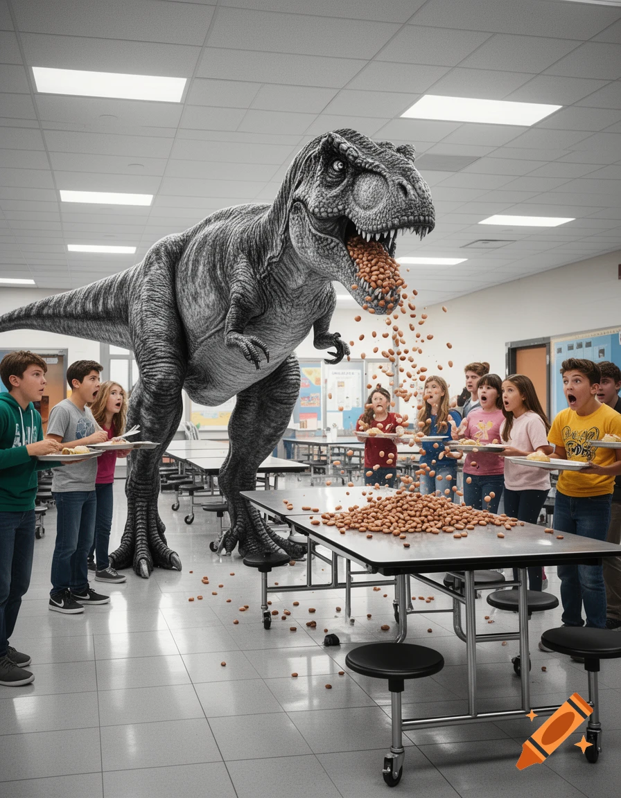 A giant black and white T-Rex vomits brown beans onto a cafeteria table as astonished kids watch.