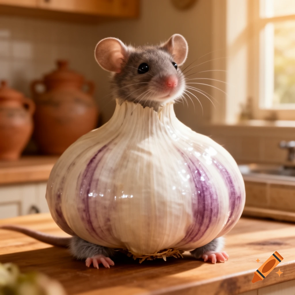 A small, cute mouse with its head and front paws emerging from a large garlic bulb, sitting on a wooden kitchen counter.