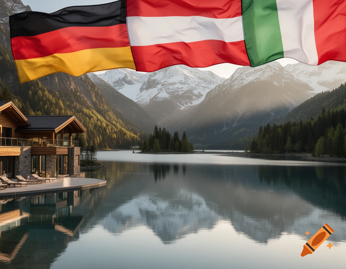 Flags of Germany, Austria, and Italy wave above a luxurious lakeside resort surrounded by mountains.